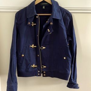 Navy jacket with gold hardware, zipper, 25” length
